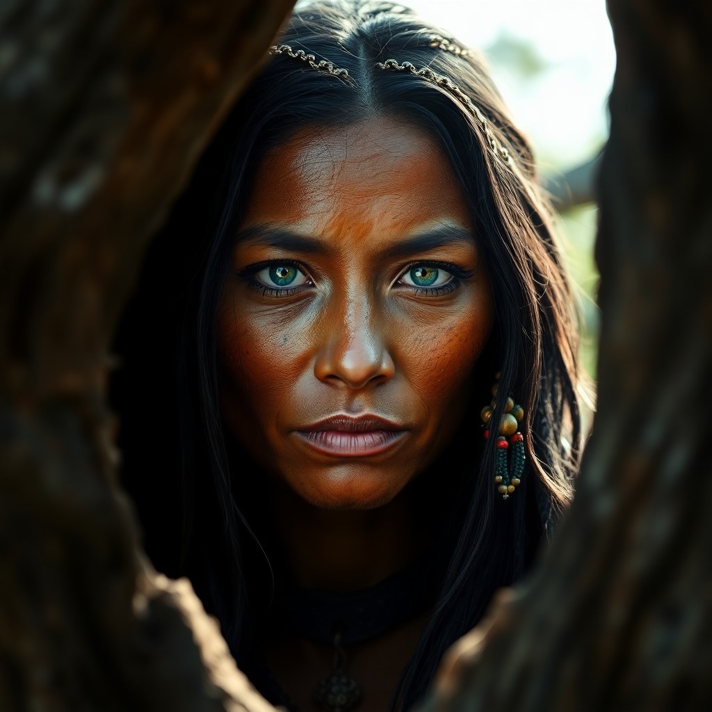 AI generated art for prompt: Envision a photorealistic portrait of an enigmatic Native American woman with deep emerald eyes and 