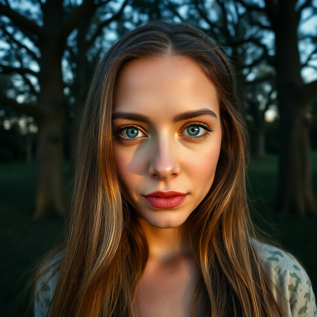 AI generated art for prompt: A portrait photograph captures a Hispanic woman's piercing blue eyes and long golden-brown hair in t