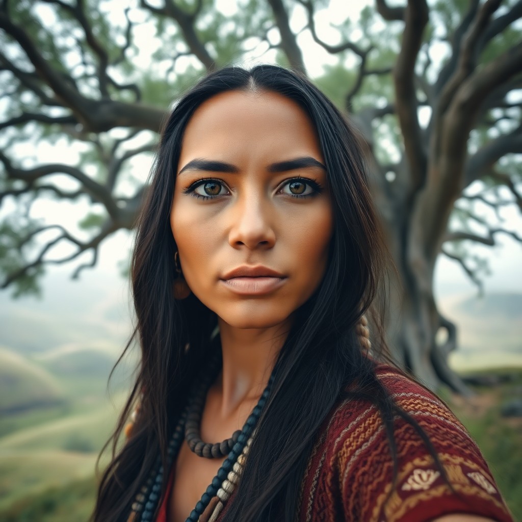 AI generated art for prompt: Imagine a captivating portrait photograph of a Native American woman exuding wisdom and tranquility.