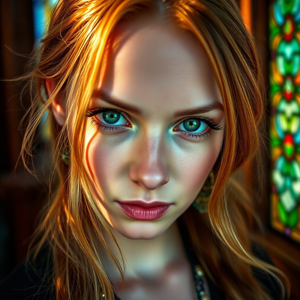 AI generated art for prompt: A portrait photograph focuses on an Eastern European woman's piercing emerald eyes and golden-brown 