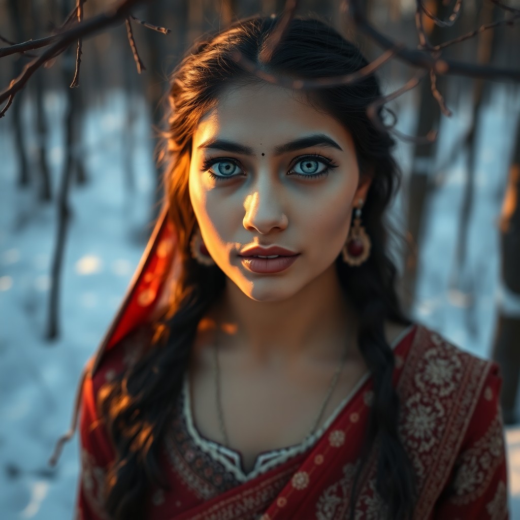 AI generated art for prompt: A South Asian woman with striking ice-blue eyes and fair skin stands amidst a snow-covered forest cl