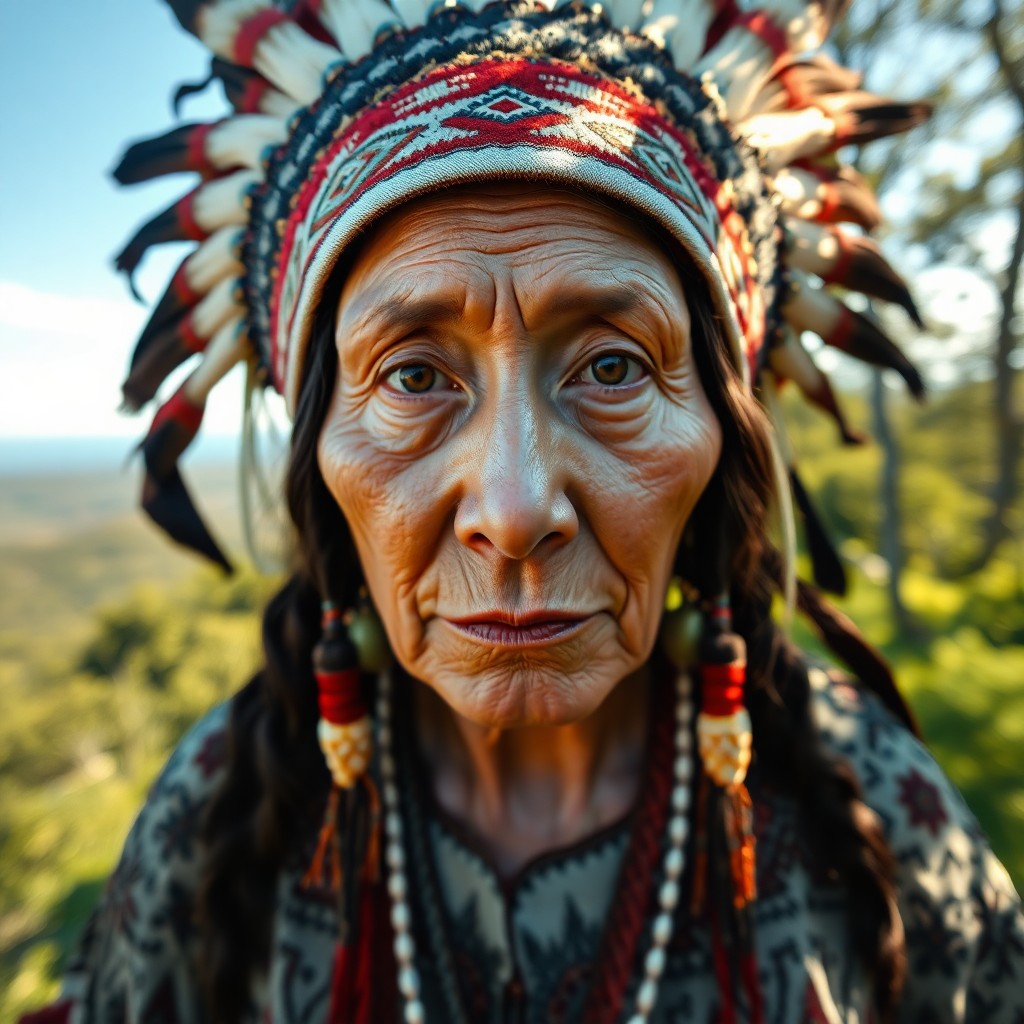 AI generated art for prompt: Craft a photorealistic portrait of a Native American elder with serene almond-shaped eyes, their gaz