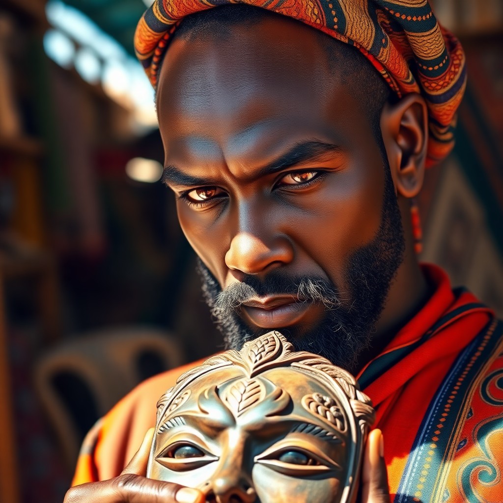 AI generated art for prompt: Imagine a captivating portrait photograph of an African craftsman with smooth mocha skin, deep brown