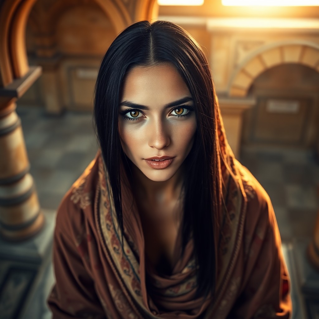 AI generated art for prompt: A superrealistic portrait captures a Middle Eastern woman's intense gaze with her piercing dark eyes