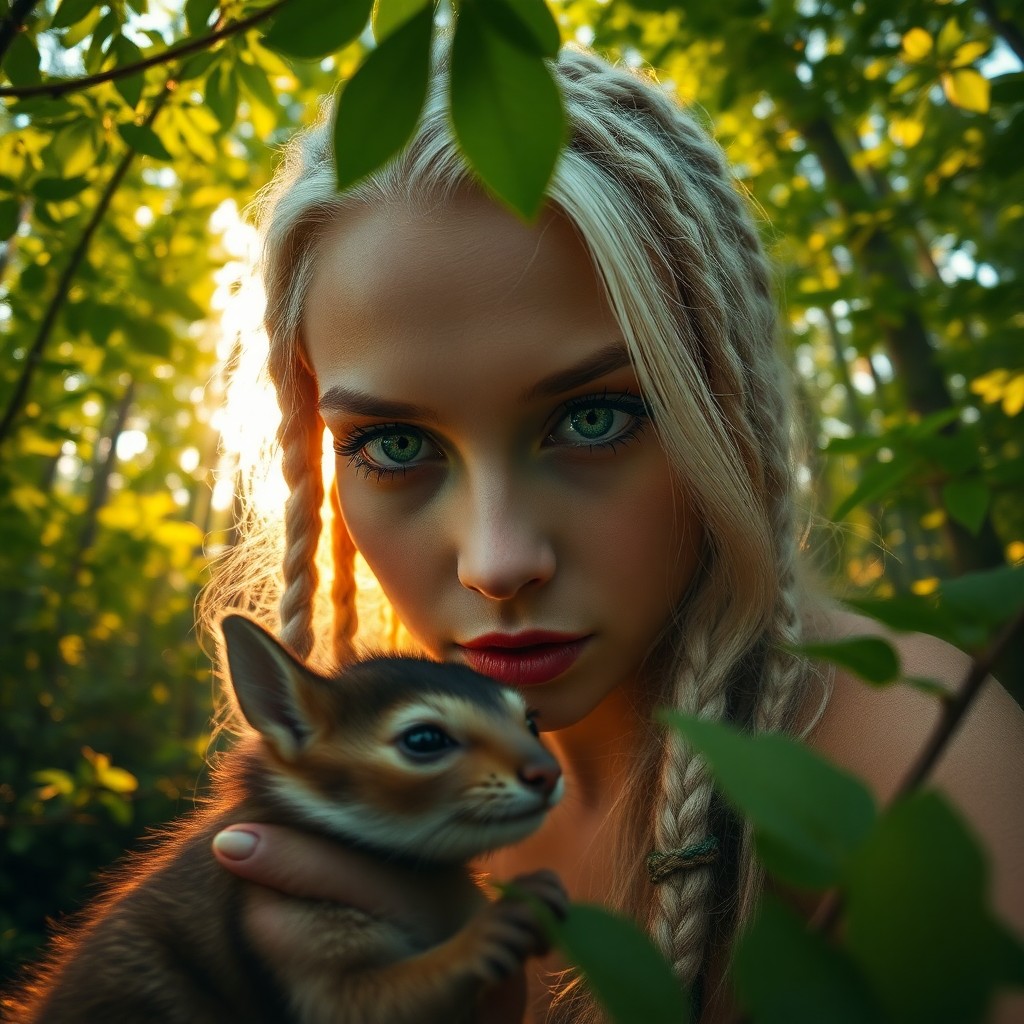 AI generated art for prompt: Craft a portrait photograph showcasing an enigmatic Slavic woman with emerald eyes and braided plati