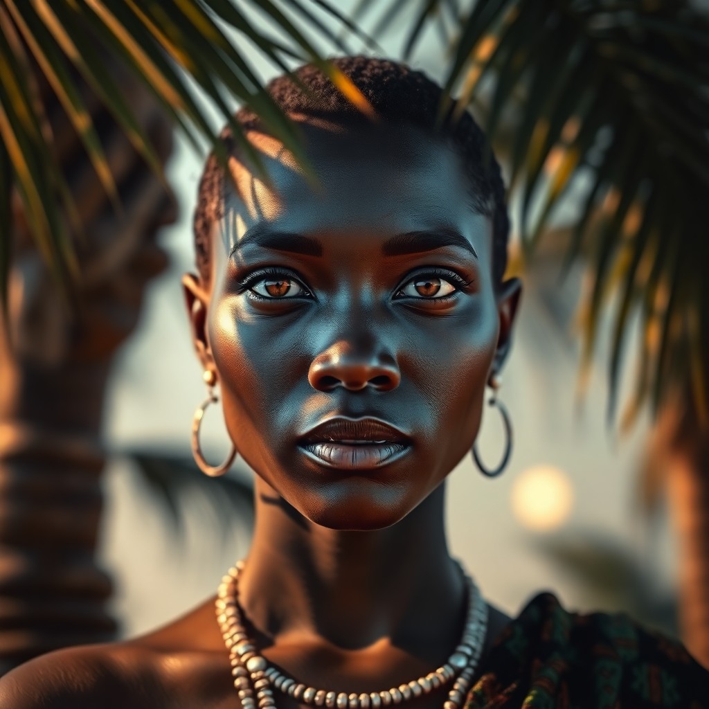 AI generated art for prompt: A photorealistic portrait captures an African woman's intense gaze, her deep amber eyes and intricat