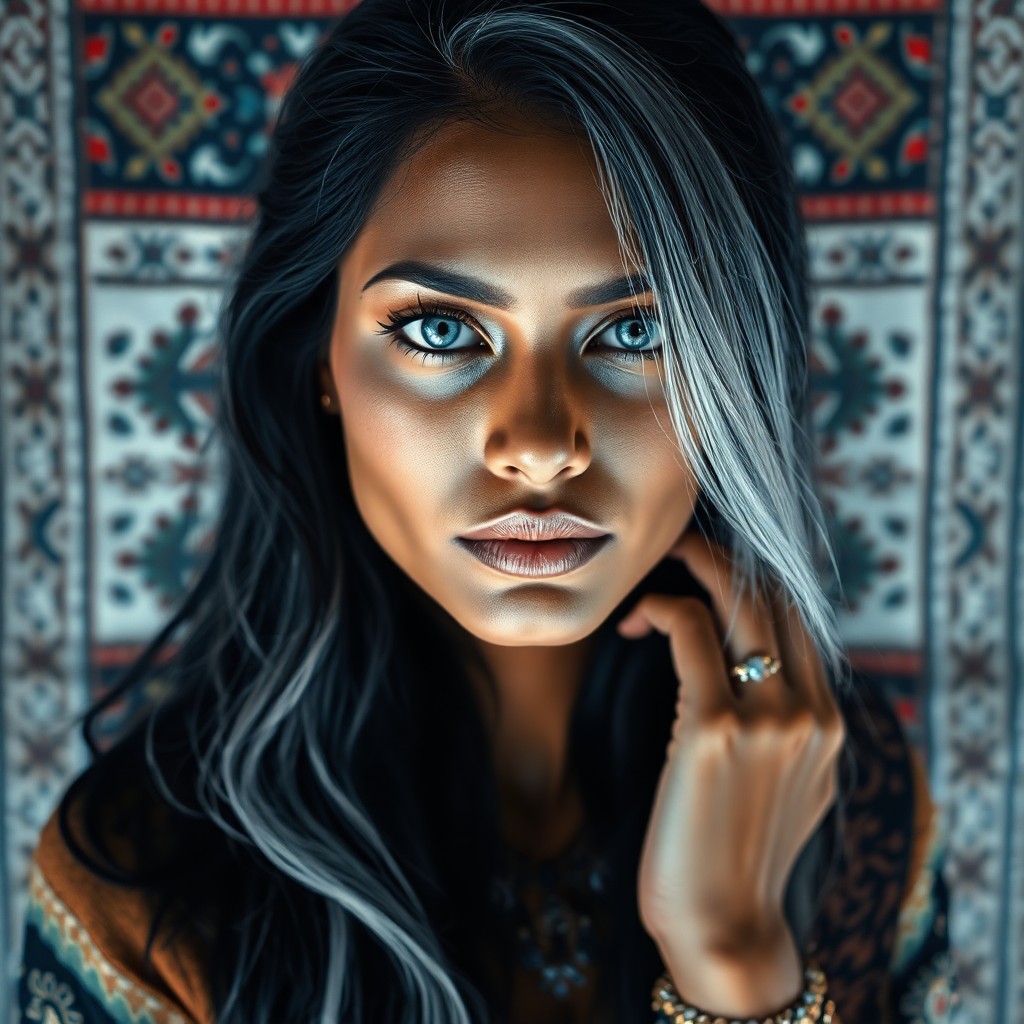 AI generated art for prompt: Craft an ultra-realistic portrait of a South Asian woman exuding enigmatic allure with ice-blue eyes