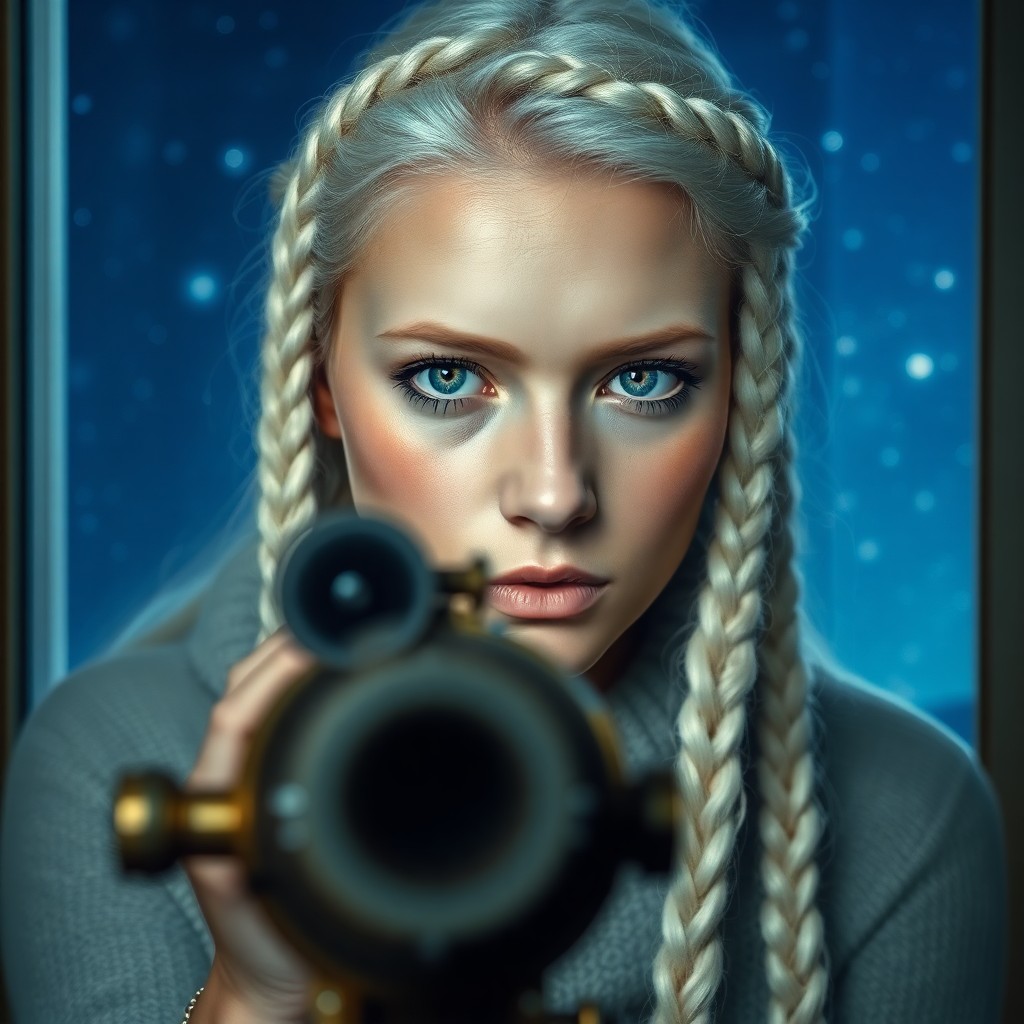 AI generated art for prompt: A photorealistic portrait captures a Nordic woman's essence with her striking ice-blue eyes and long