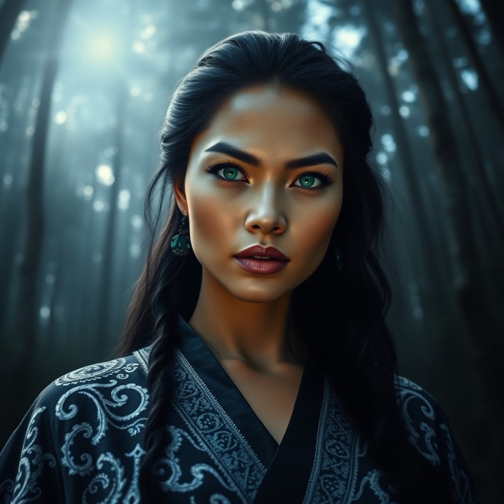 AI generated art for prompt: A photorealistic portrait photograph showcases a Pacific Islander sorceress exuding clear-cut allure