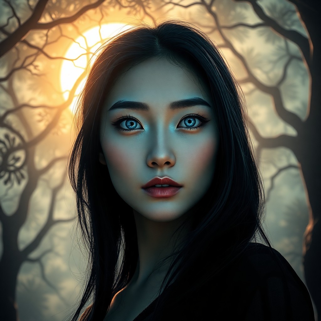 AI generated art for prompt: Envision a portrait photograph of an East Asian woman with piercing ice-blue eyes and raven hair, il