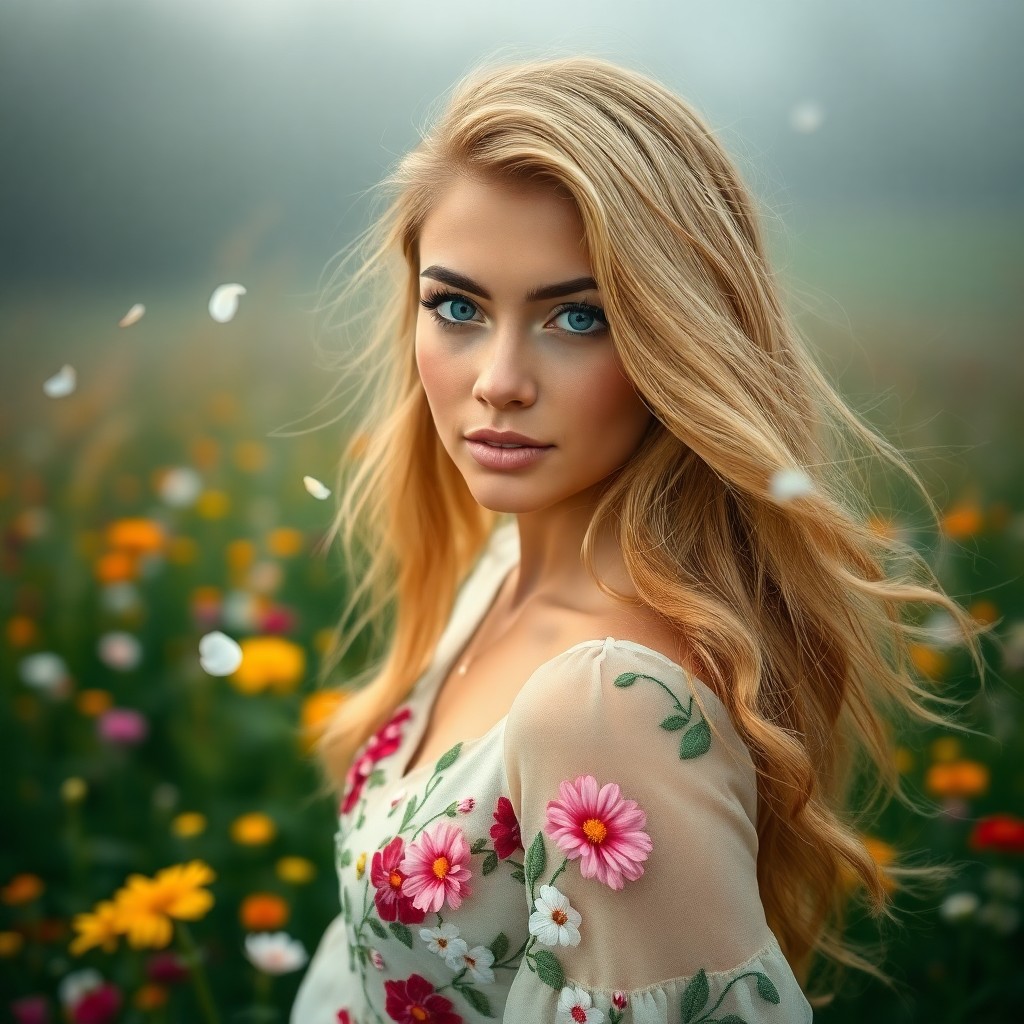 AI generated art for prompt: Imagine a serene portrait of a Hispanic woman with captivating blue eyes and flowing golden hair cas