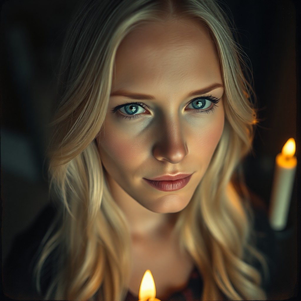 AI generated art for prompt: A photorealistic portrait photograph captures the Nordic woman's pensive gaze, her piercing blue eye