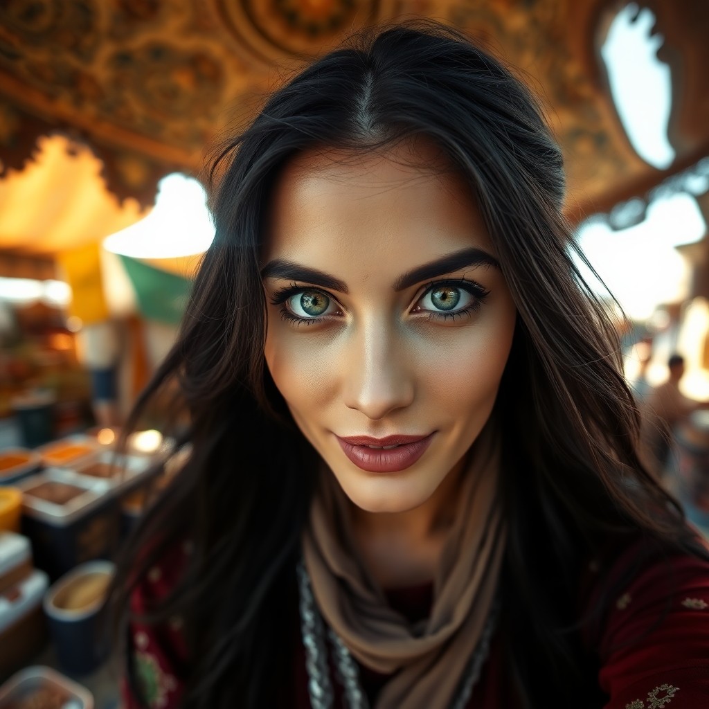 AI generated art for prompt: Photorealistic portrait of a Middle Eastern woman with captivating green eyes and flowing dark hair 