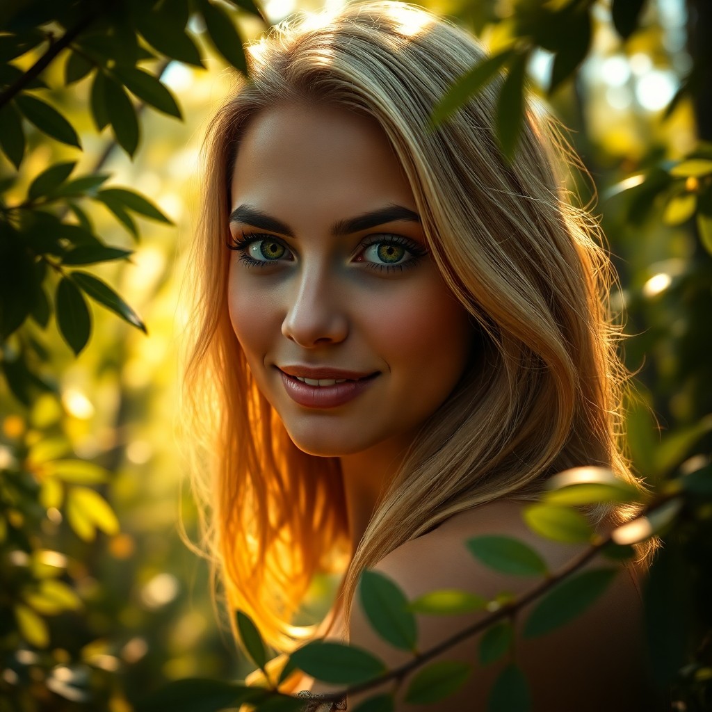 AI generated art for prompt: A captivating Middle Eastern woman with piercing green eyes and porcelain skin stands amidst a lush 