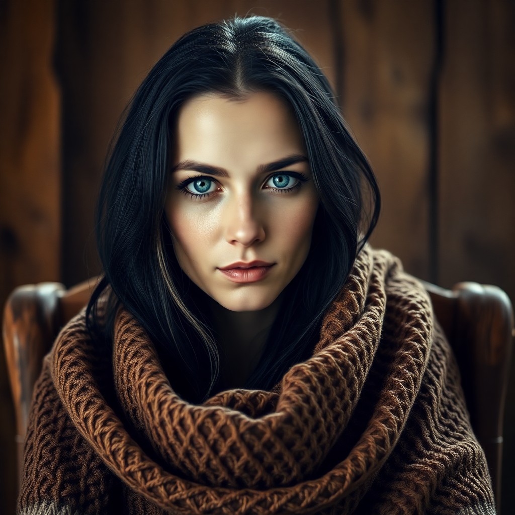 AI generated art for prompt: Imagine a serene portrait of a Slavic woman with piercing blue eyes, her expression exuding wisdom a