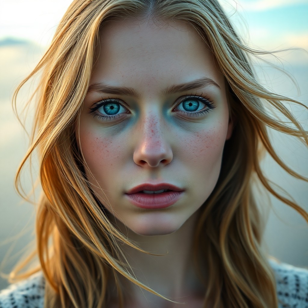 AI generated art for prompt: Imagine a captivating portrait photograph of a Nordic woman with piercing blue eyes and golden locks