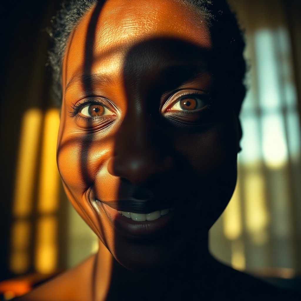 AI generated art for prompt: A photorealistic portrait photograph showcases an African woman with captivating hazel eyes and a wa