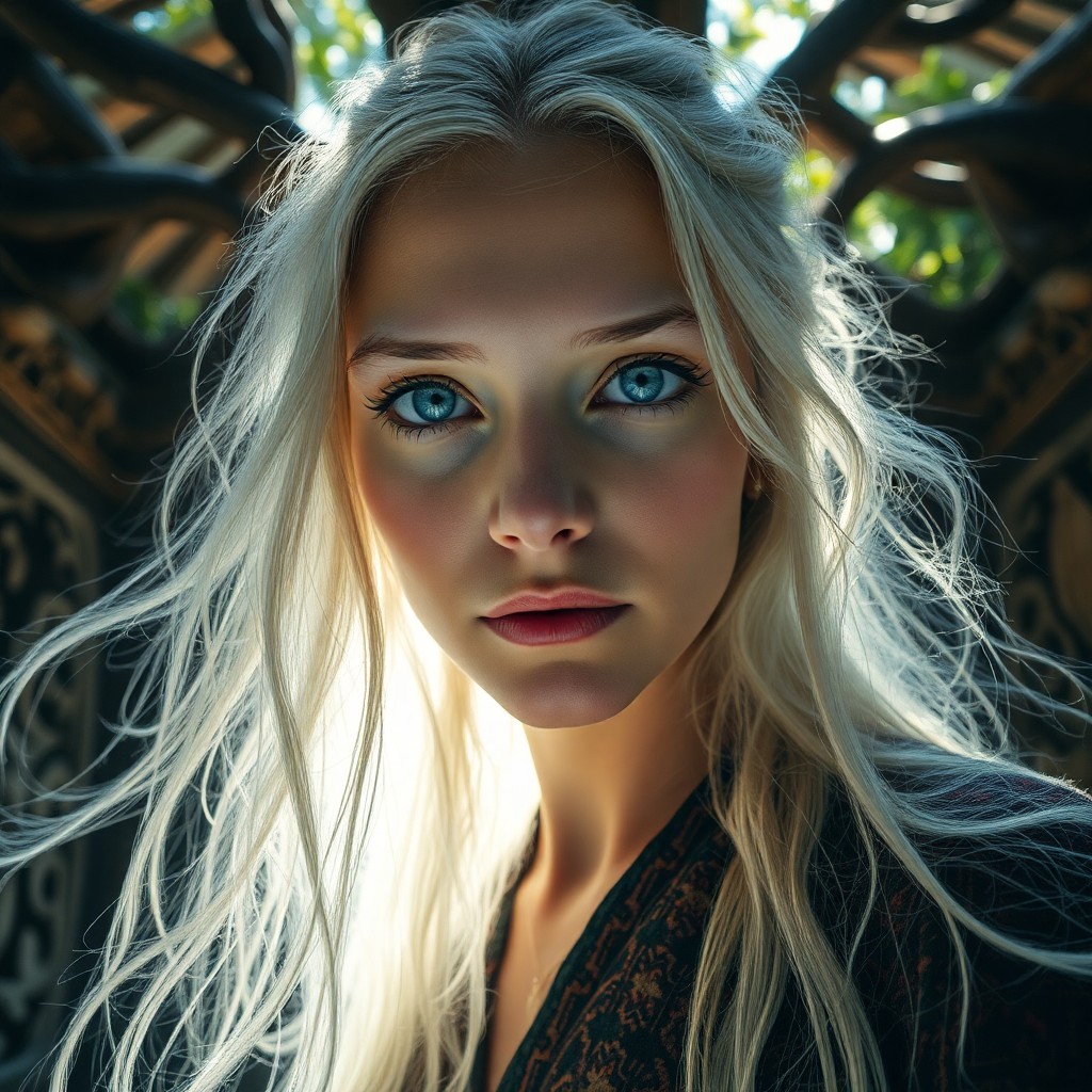 AI generated art for prompt: Imagine a DSLR portrait of a Nordic shaman with piercing ice-blue eyes and flowing silver hair, bath