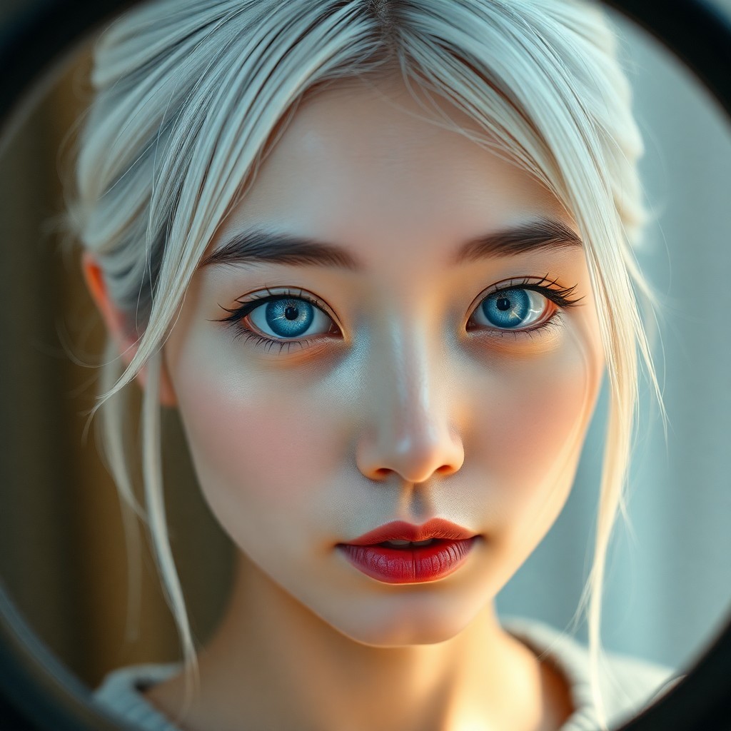 AI generated art for prompt: A mirrorless camera captures an East Asian woman's transparent gaze, her piercing ice-blue eyes fram