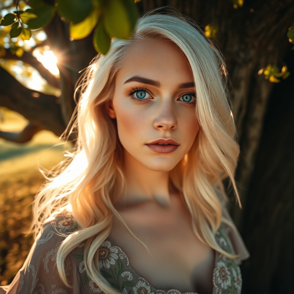 AI generated art for prompt: A captivating portrait of a Nordic woman with striking blue eyes and platinum blonde hair flowing in