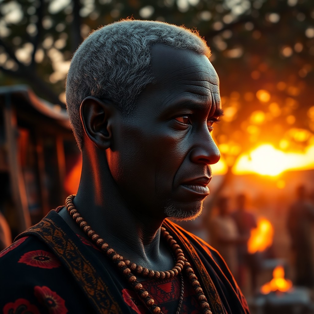 AI generated art for prompt: A charismatic African tribal leader, his warm dark eyes and close-cropped graying hair illuminated b