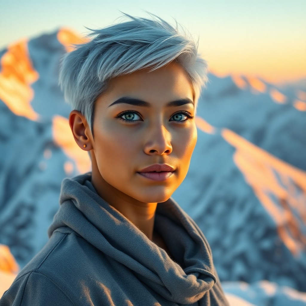 AI generated art for prompt: Photorealistic portrait of a South Asian woman with piercing ice-blue eyes and distinctively high ch