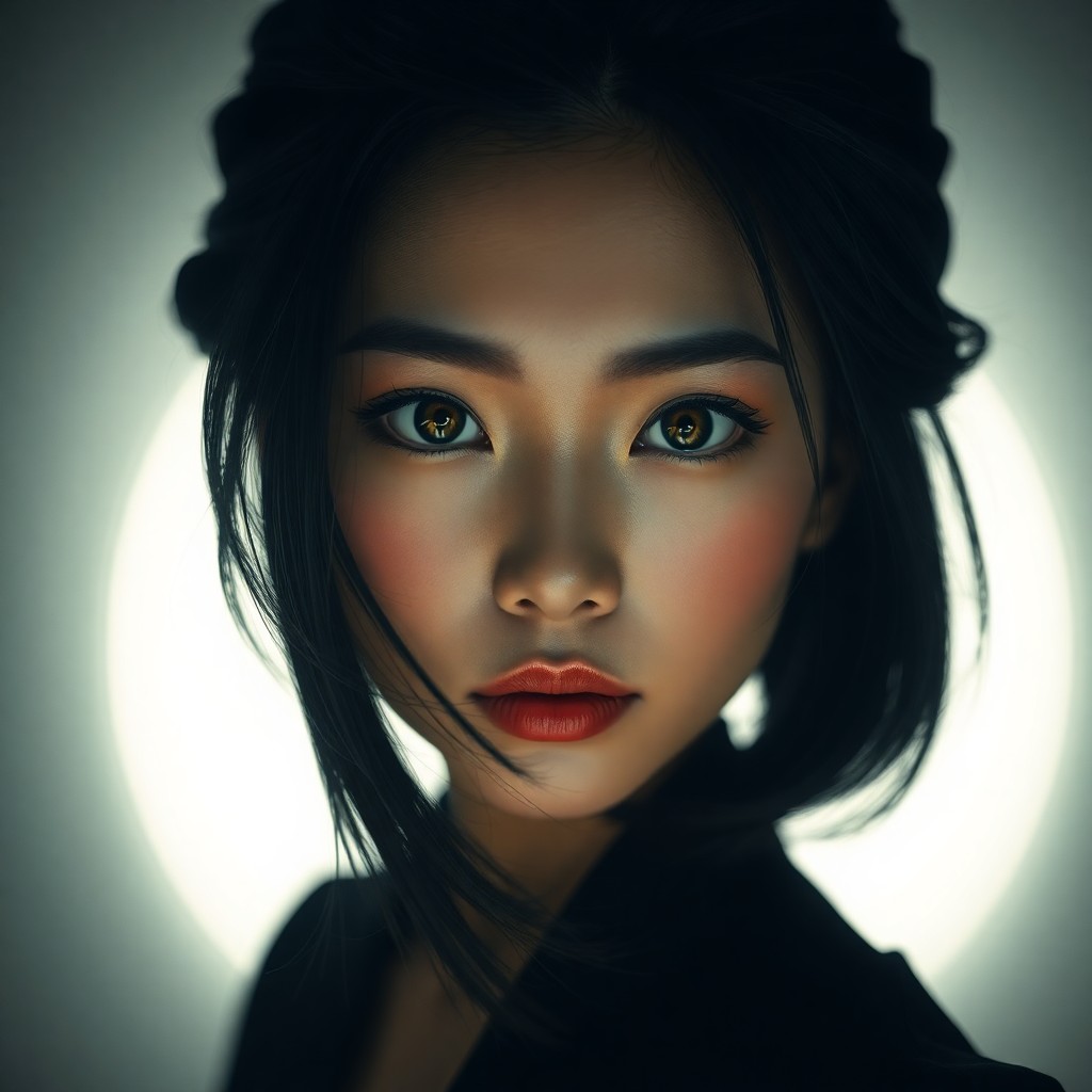 AI generated art for prompt: A photorealistic portrait photograph showcases an East Asian woman with captivating amber eyes and s