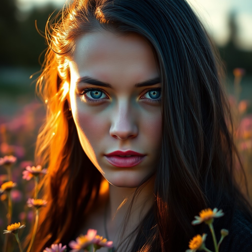 AI generated art for prompt: Imagine a captivating portrait of a Nordic woman with striking ice-blue eyes and raven hair cascadin