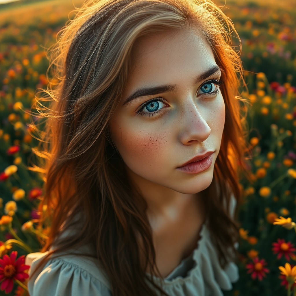 AI generated art for prompt: A photorealistic portrait showcases a young Hispanic woman with captivating blue eyes and delicate f