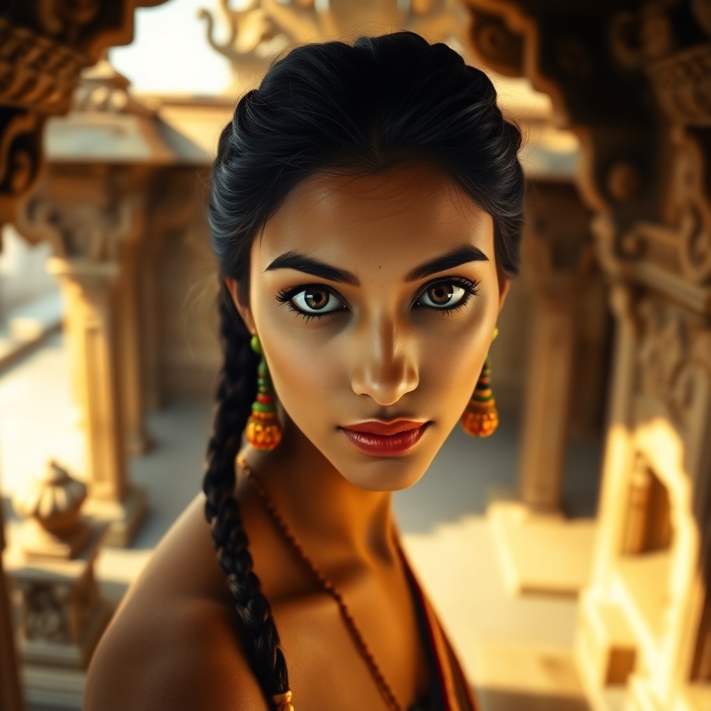 AI generated art for prompt: Imagine a photorealistic portrait of a South Asian woman, her captivating brown eyes and elegantly b