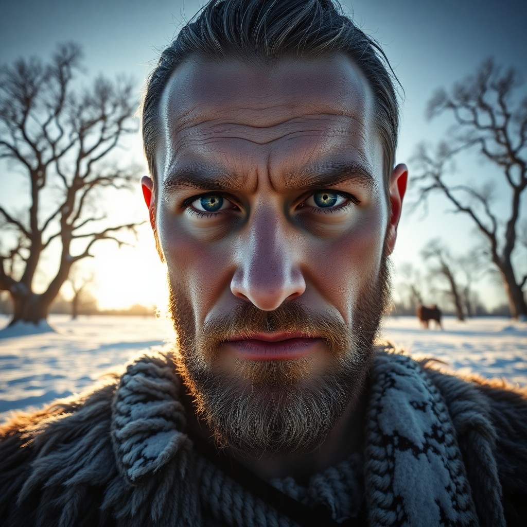 AI generated art for prompt: A photorealistic portrait photograph showcases a stoic Nordic warrior with piercing ice-blue eyes an