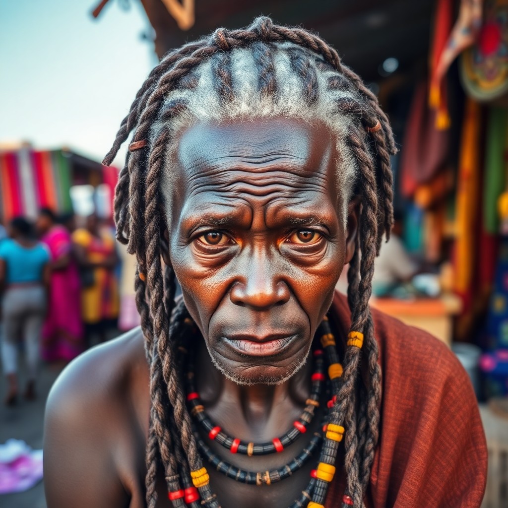 AI generated art for prompt: Craft a photorealistic portrait of an enigmatic African tribal elder with deep-set eyes and intricat