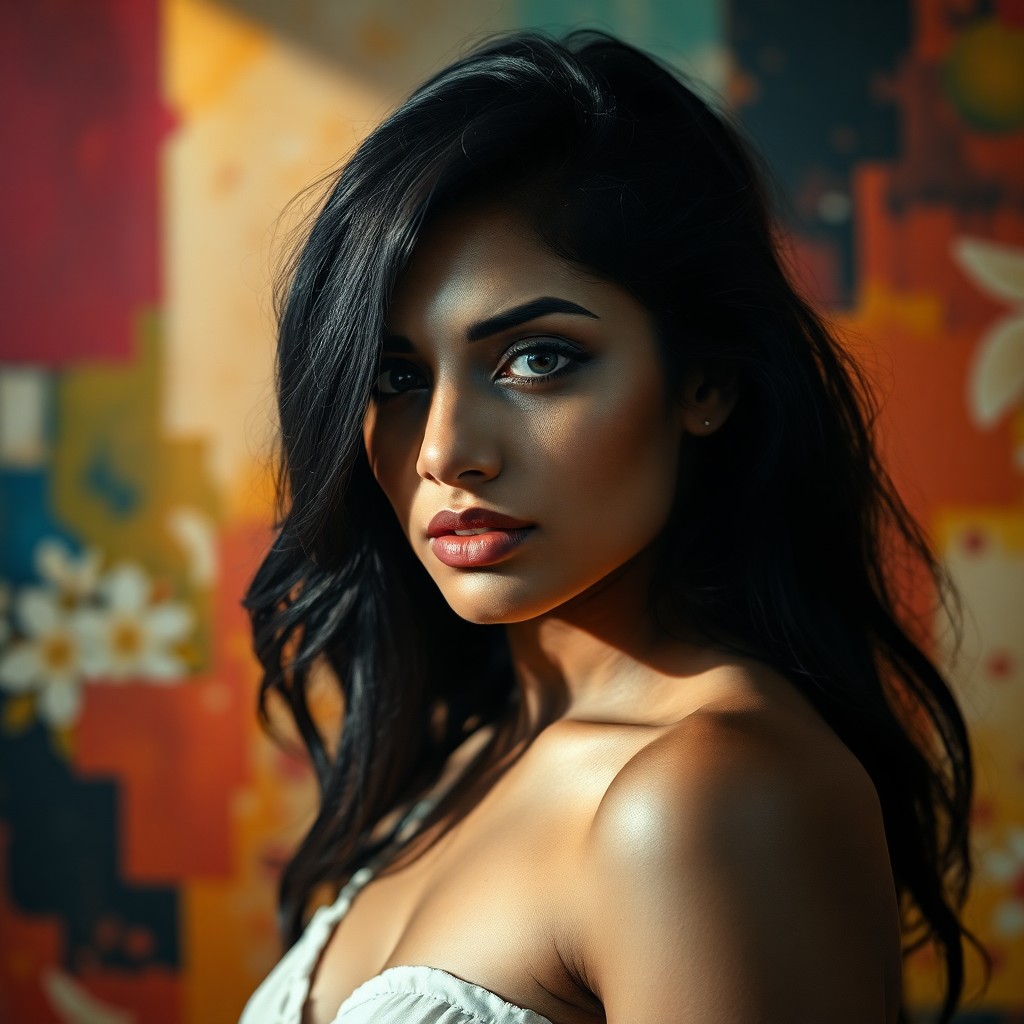 AI generated art for prompt: A captivating portrait photograph showcases an ethereal South Asian woman with striking blue eyes, p