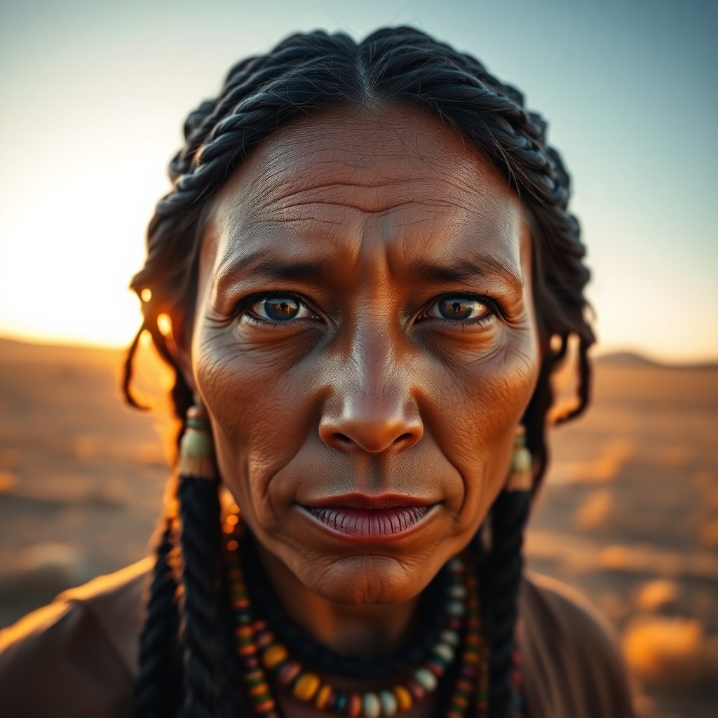 AI generated art for prompt: A photorealistic portrait photograph captures a Native American woman's cryptic gaze, her deep soulf