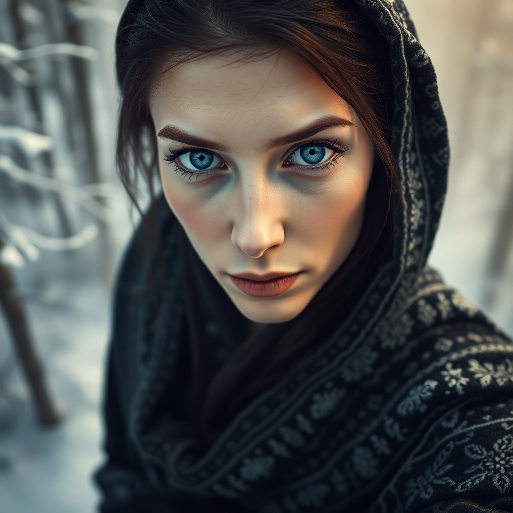 AI generated art for prompt: A photorealistic portrait photograph depicts a European woman with piercing blue eyes and fair skin,