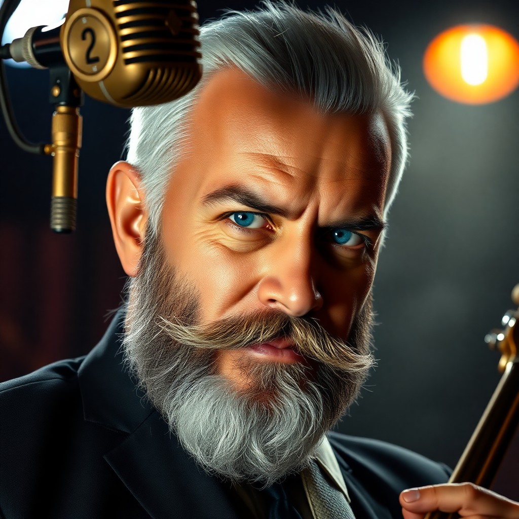 AI generated art for prompt: Craft a photorealistic portrait of a charismatic Hispanic jazz musician with piercing blue eyes, clo