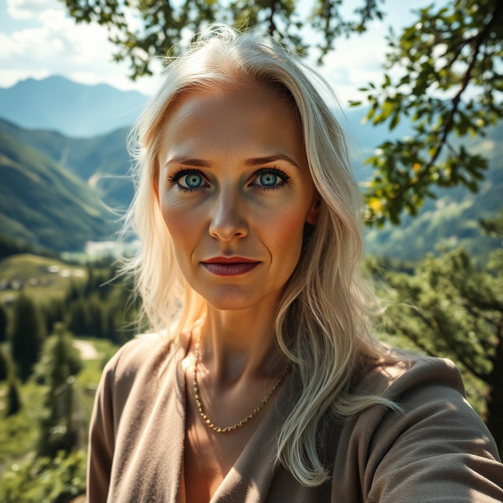 AI generated art for prompt: Craft a photorealistic portrait of a 45-year-old Slavic woman with captivating blue eyes and flowing