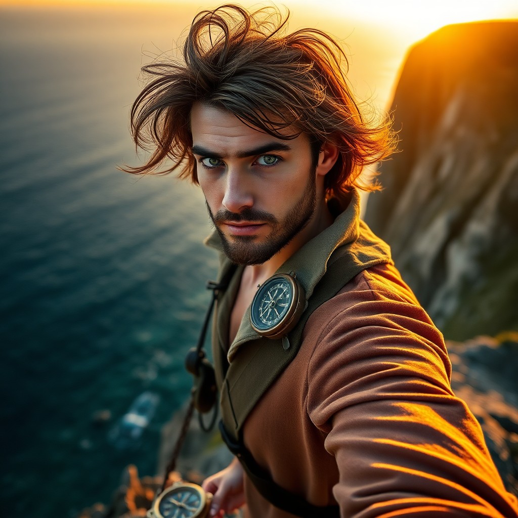 AI generated art for prompt: A charismatic European explorer with piercing green eyes and windswept hair stands at a rugged cliff