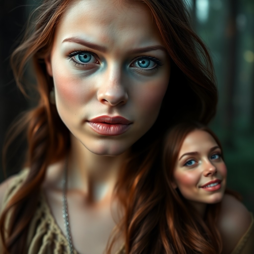 AI generated art for prompt: A super-realistic portrait reveals an enigmatic Native American woman with piercing blue eyes, flawl