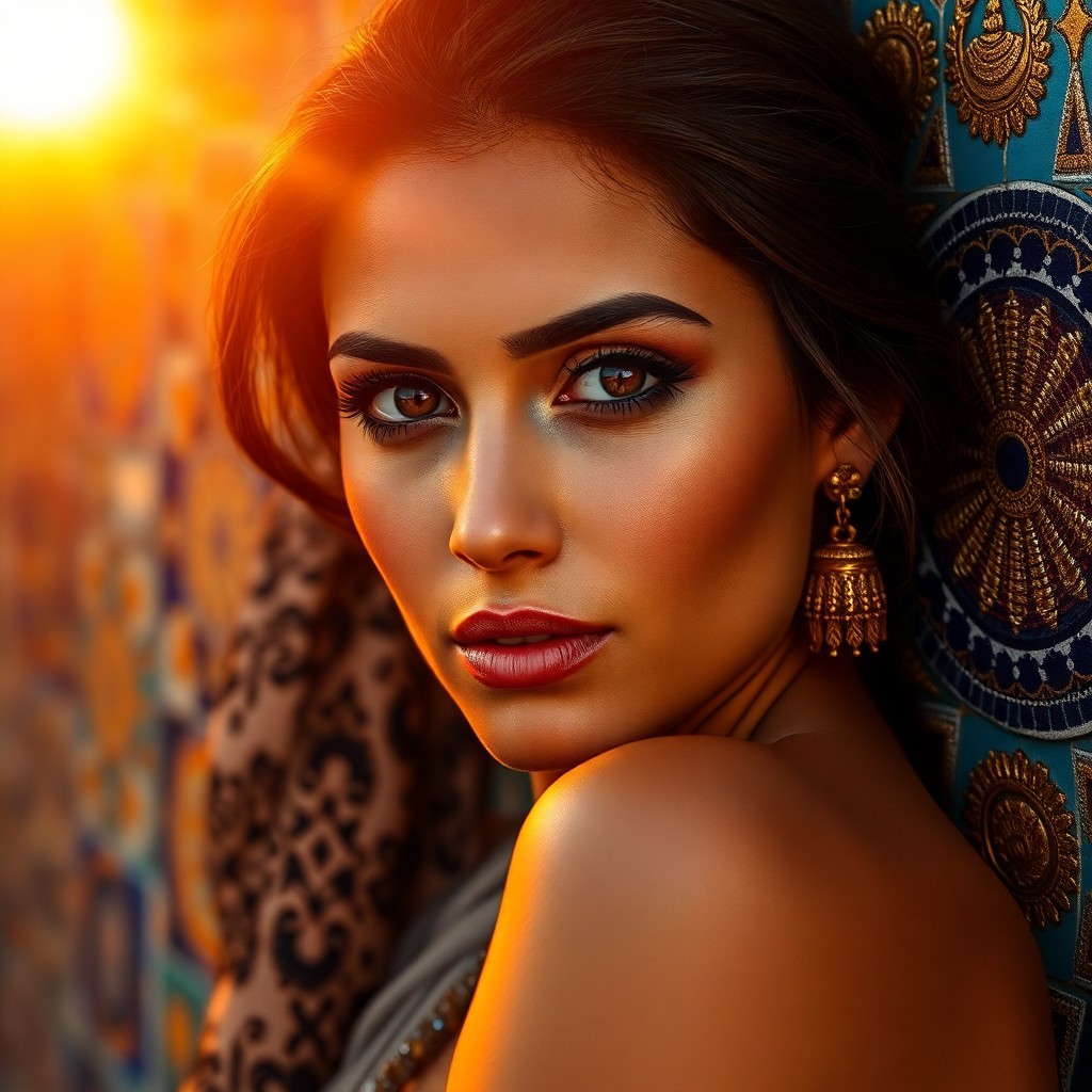 AI generated art for prompt: A photorealistic portrait of a Middle Eastern woman with captivating dark eyes and olive skin bathed