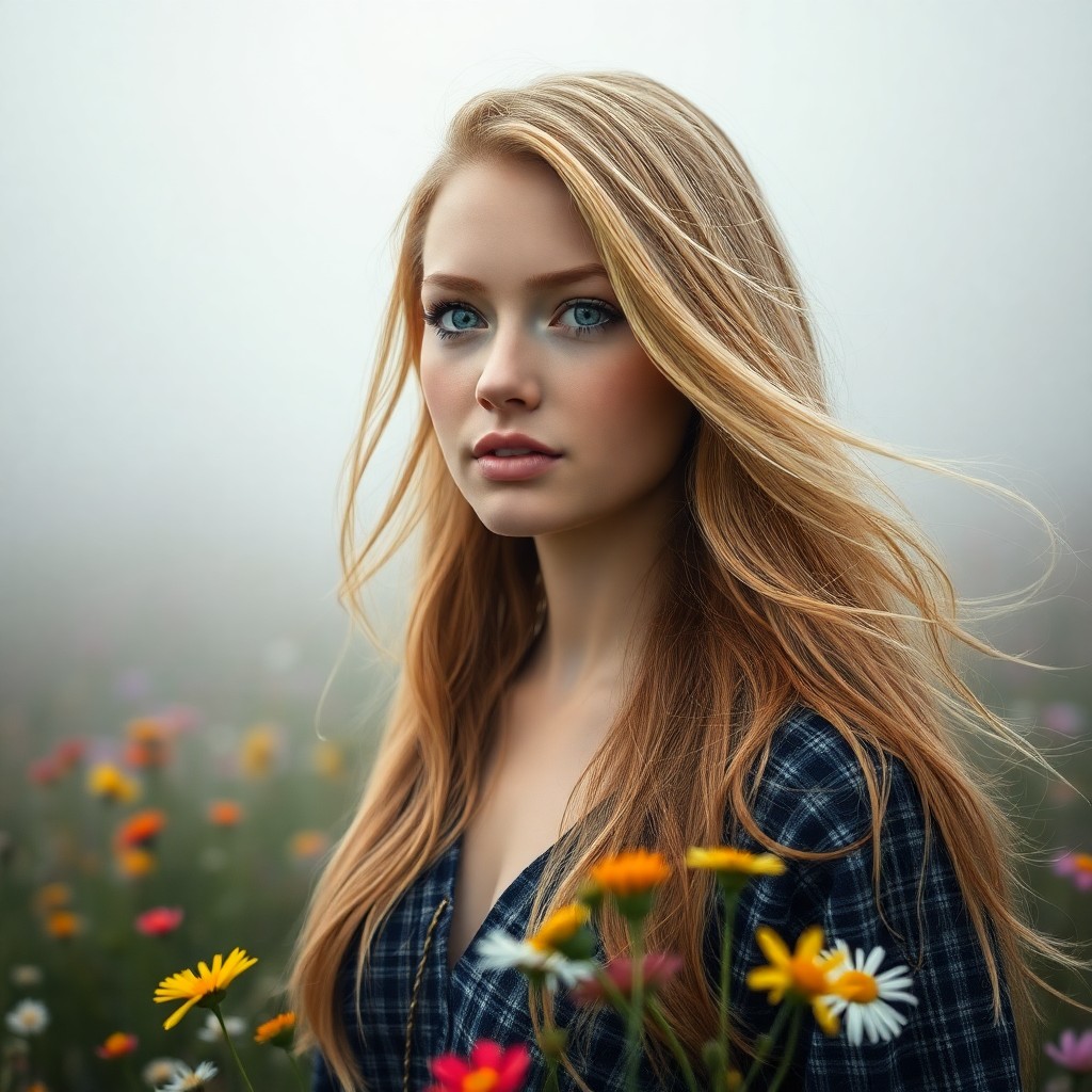 AI generated art for prompt: A portrait photograph showcases a Nordic woman with piercing green eyes and long, golden hair billow