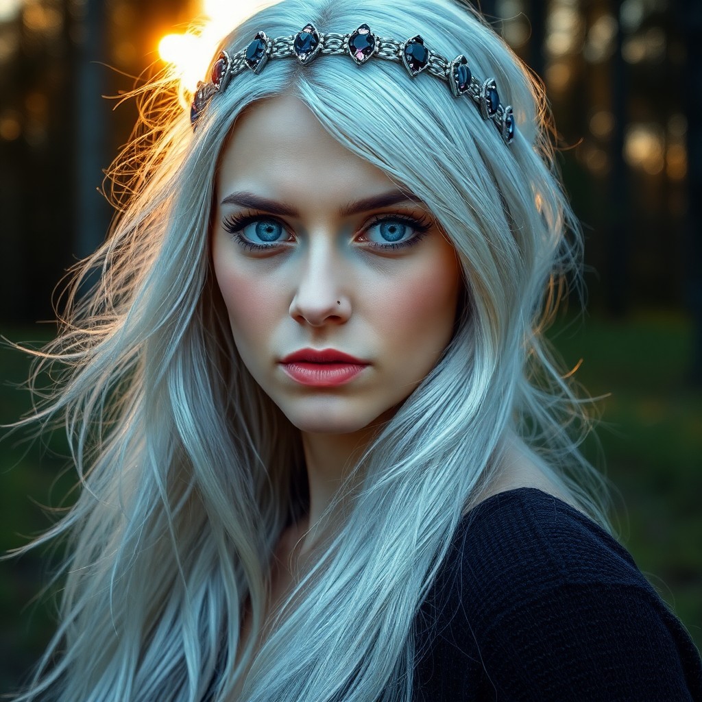 AI generated art for prompt: Imagine a photorealistic portrait of a Nordic woman with deep blue eyes and flowing platinum hair ad