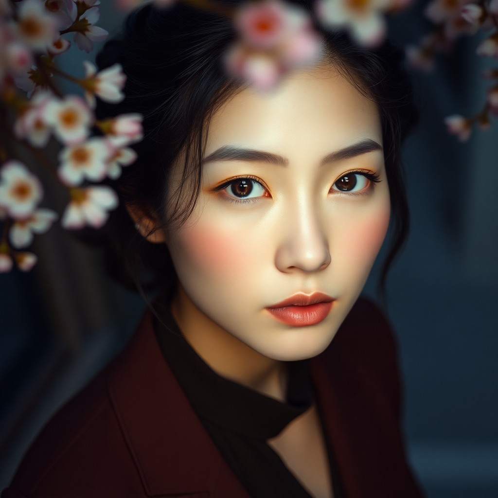 AI generated art for prompt: A film camera captures an East Asian woman's transparent gaze; her porcelain skin and raven hair sty