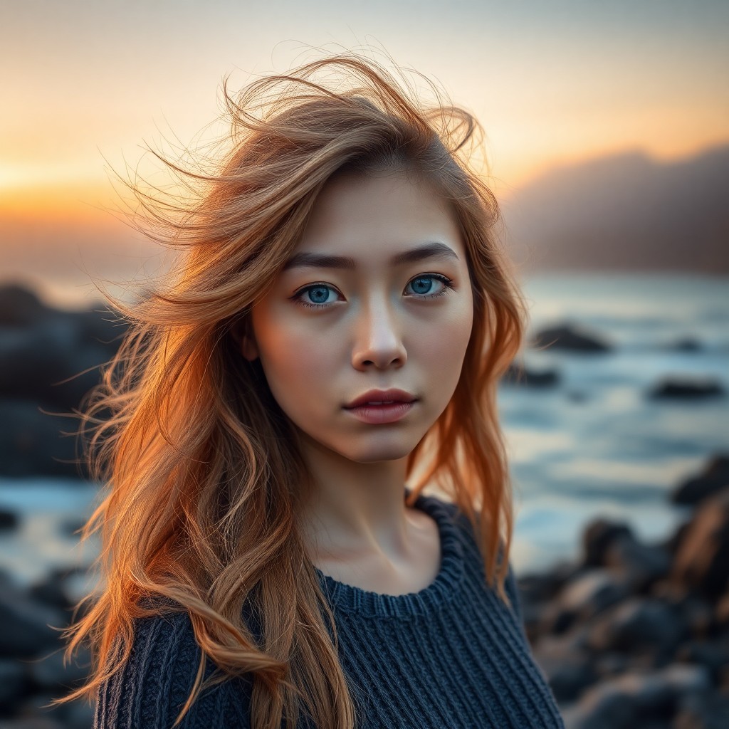 AI generated art for prompt: Imagine a captivating portrait photograph of an East Asian woman with mesmerizing ice-blue eyes and 