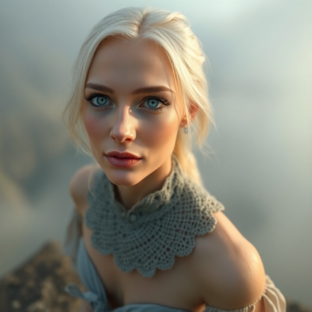 AI generated art for prompt: Envision a serene European woman with piercing blue eyes and platinum blonde hair in a moment of qui