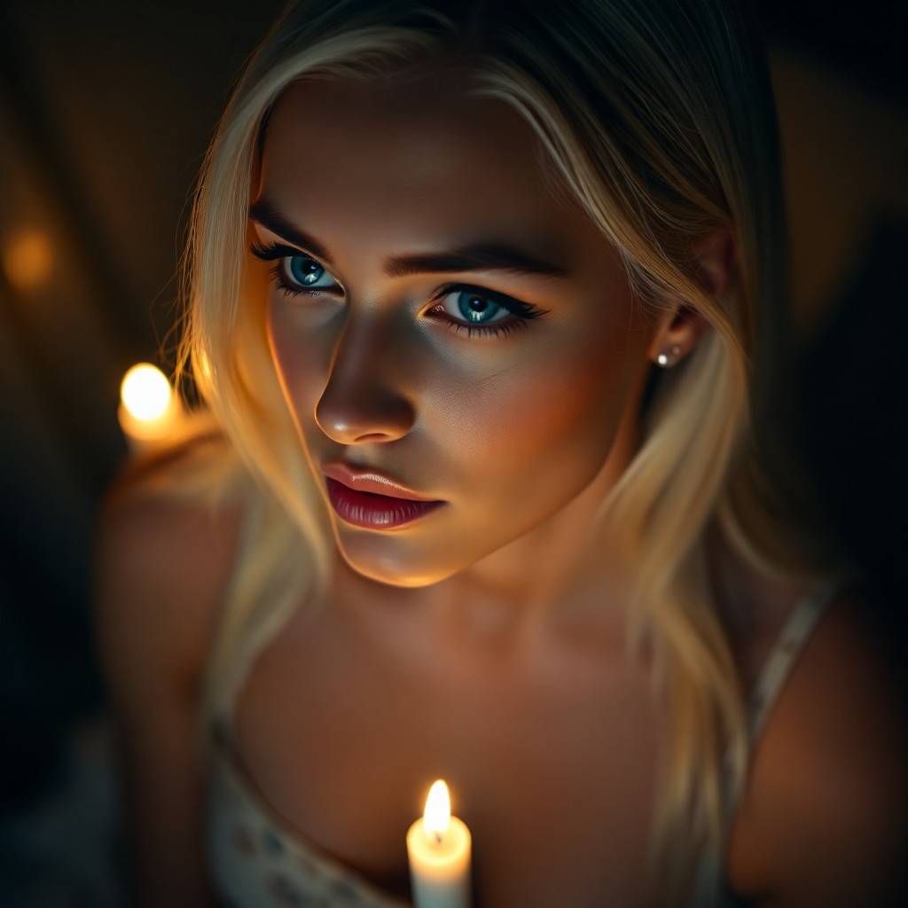 AI generated art for prompt: A South Asian woman with striking blue eyes and long platinum blonde hair sits in a dimly lit room, 