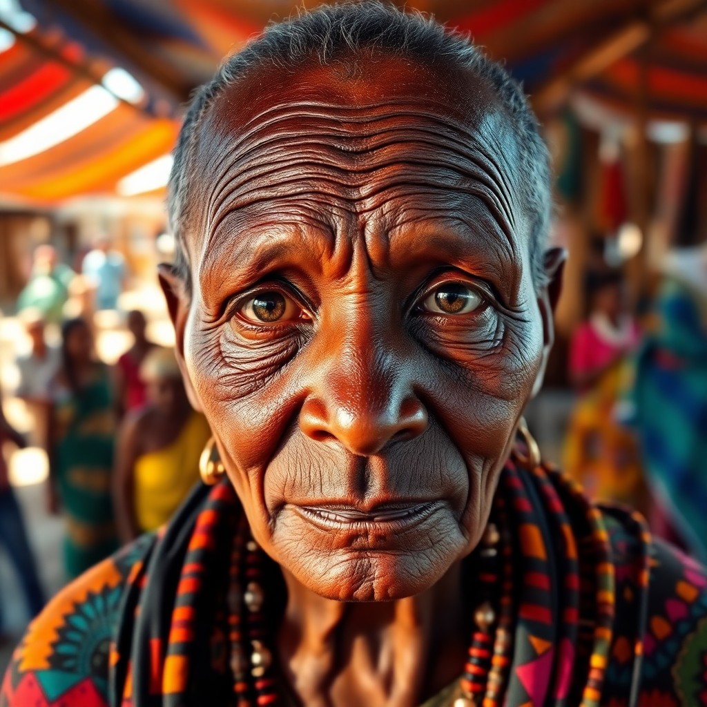 AI generated art for prompt: A portrait photograph of an African tribal elder, their transparent skin bearing deep lines and capt