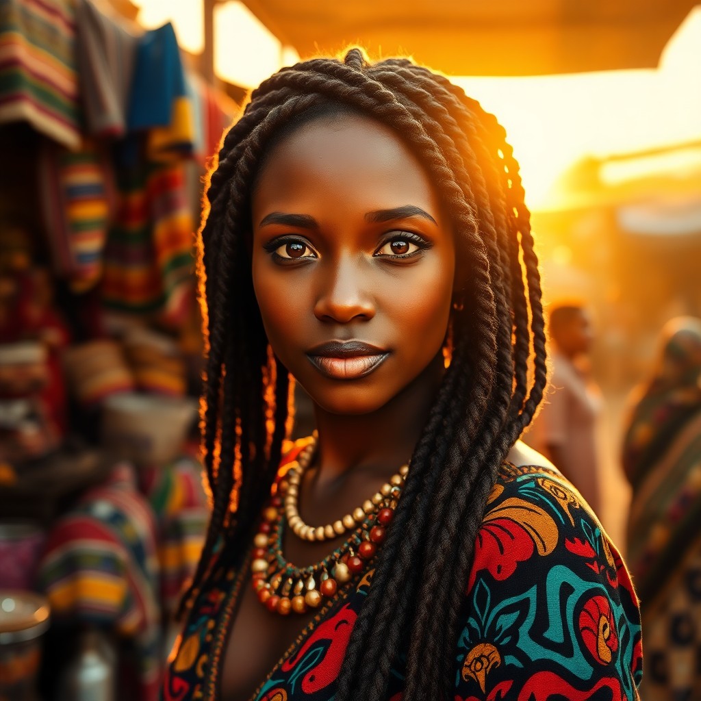 AI generated art for prompt: Create a photorealistic portrait of an enigmatic African woman with warm caramel skin and captivatin