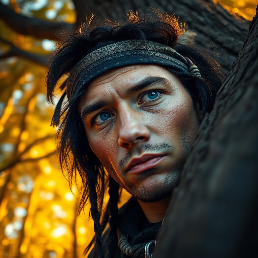 AI generated art for prompt: Envision a DSLR portrait capturing a Native American adventurer with piercing blue eyes and rugged f