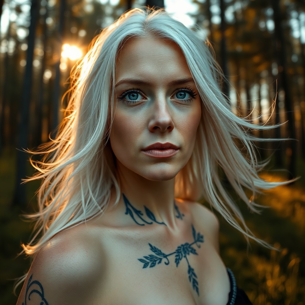 AI generated art for prompt: A photorealistic portrait of a Nordic woman with piercing blue eyes and flowing platinum hair captur